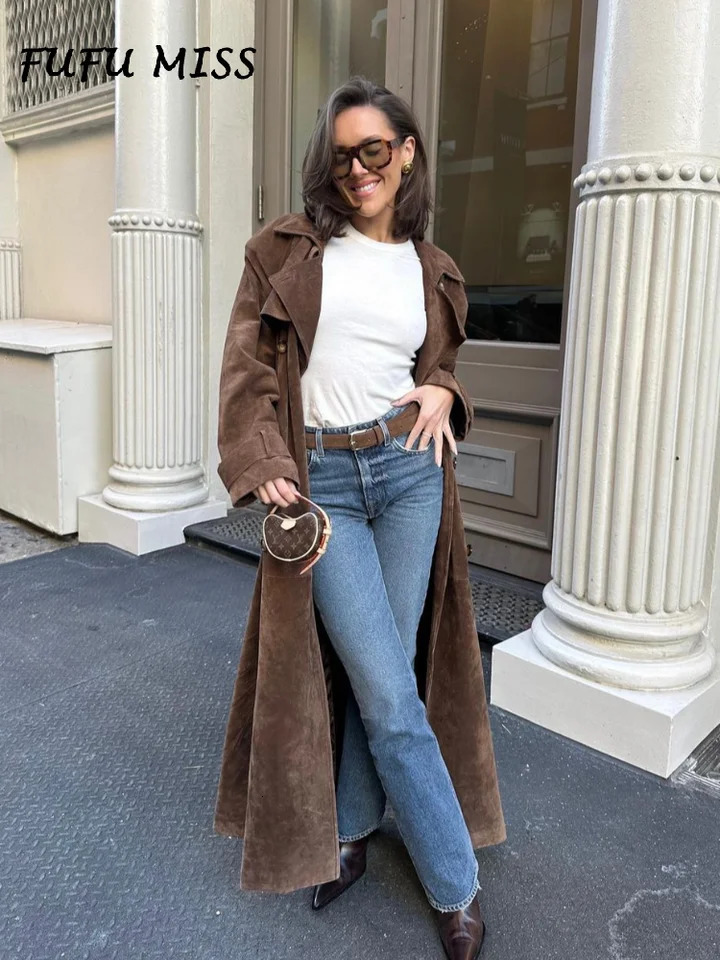 Vintage Khaki Suede Long Coat For Women Belt Lapel Long Sleeve Double-breasted Overcoat 2024 Autumn Lady High Street Outwears 241008