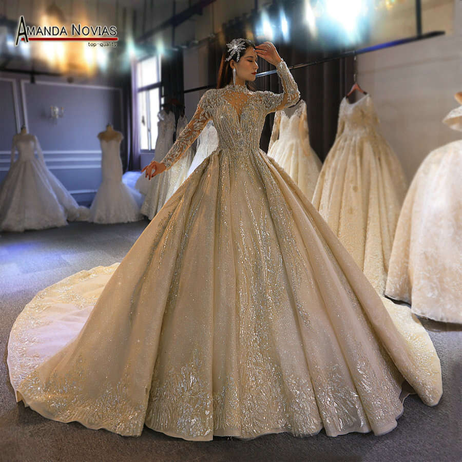 Amanda Novias Brand Gold Dress Real Work High Quality Dubai Wedding Dresses Not With Veil