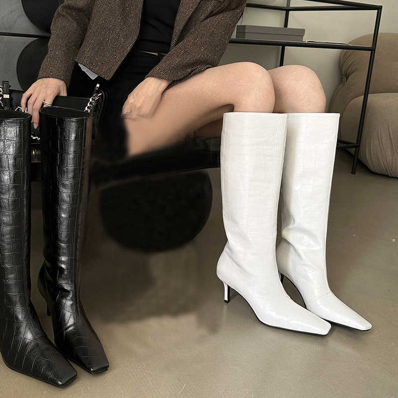 Winter Fashion Boots Square Head Thigh High Heel Boots White Knight Boots Crocodile Pattern Martin Boots Barrel Knee Boots 240826