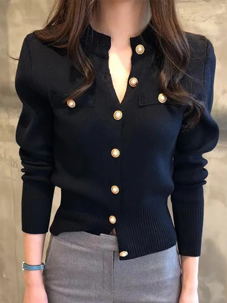 Autumn Winter Women Sweater Cardigan Black Elasticity Long Sleeve Tops O Neck Korean Fashion Sweaters Knitwear Ladeis Clothes 241009