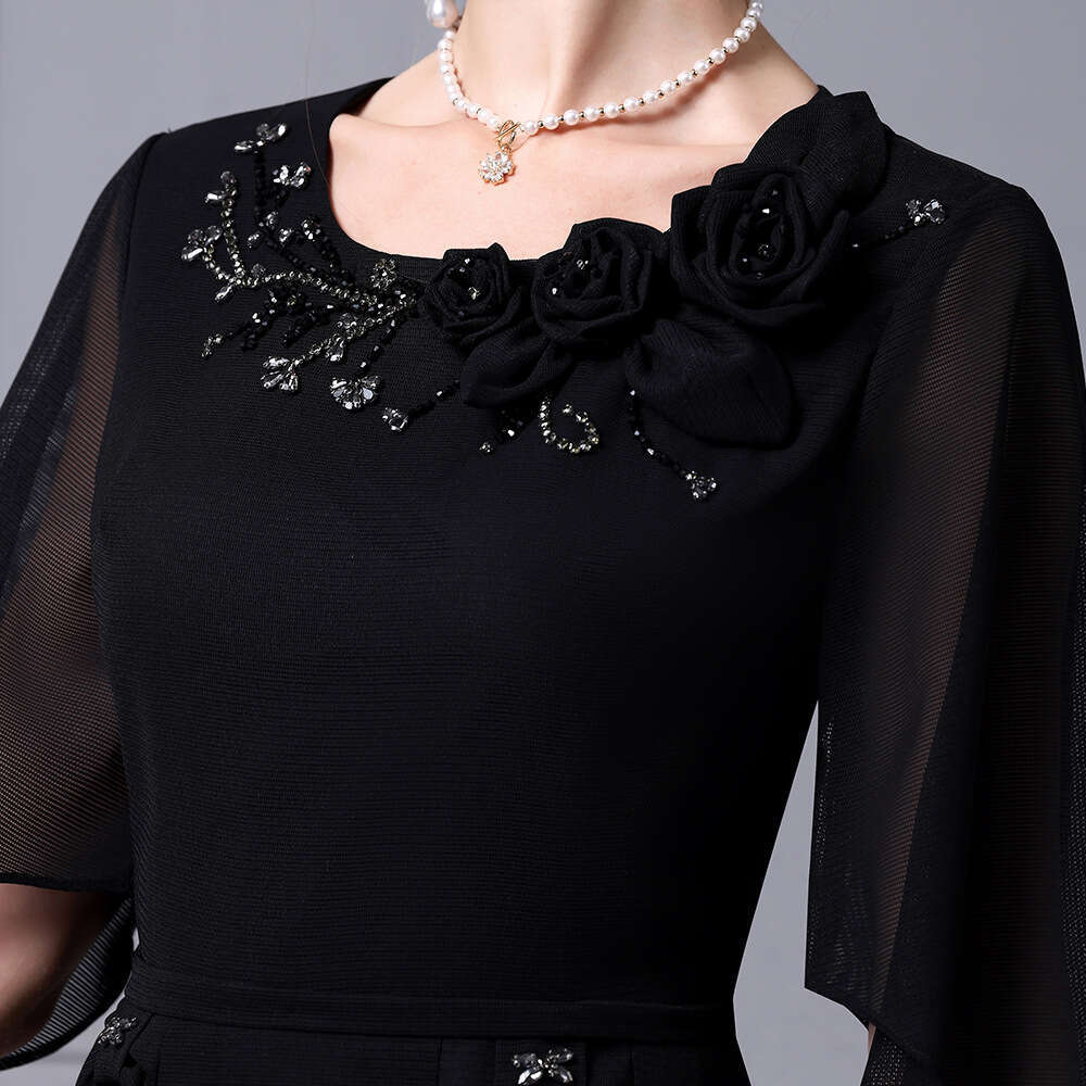 nail bead exposed collarbone elegant and noble flower decoration high waist A-line dress 2024 summer new item