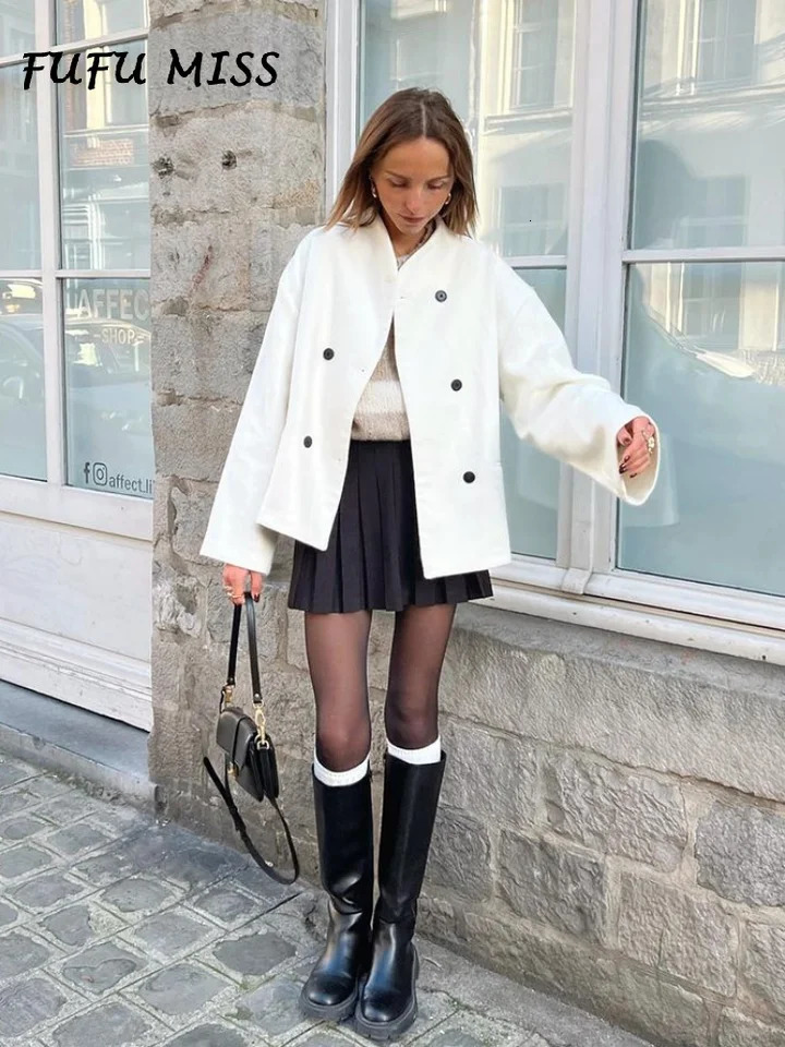 Casual Loose Woolen Womens Coat Solid Stand Collar Long Sleeve Double Breasted Pockets Jacket 2024 Autumn Lady Urban Outerwear 240930