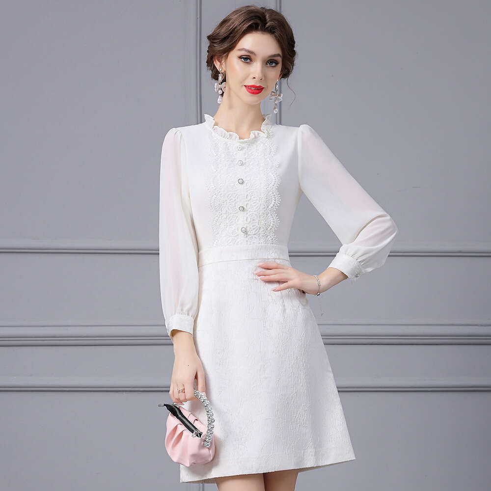 mushroom collar pearl decoration long sleeved slimming elegant noble temperament womens dress 204 new autumn