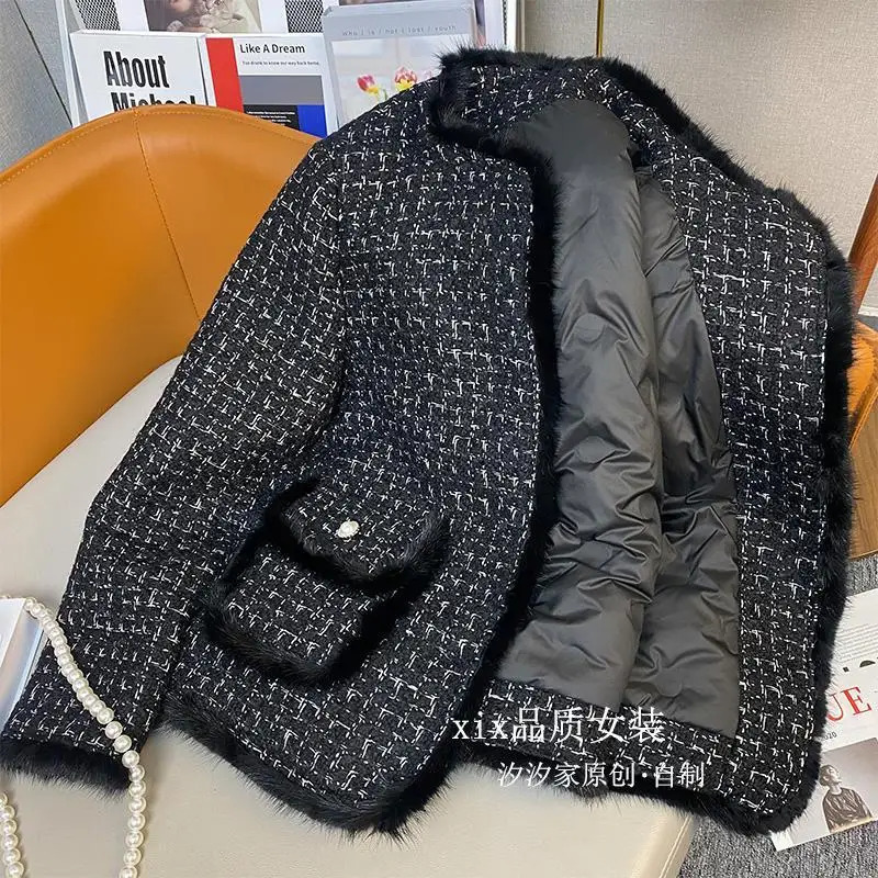 Down Jacket Womens Winter Mink Fur Stitching Thickening White Duck Liner Tweed Coat 241011