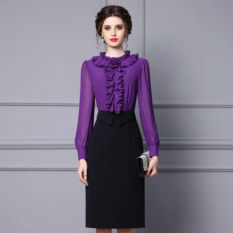 Autumn Dress for Women 2024 New Goddess Style High end Mushroom Edge Long Sleeve Waist cinching Slimming Skirt