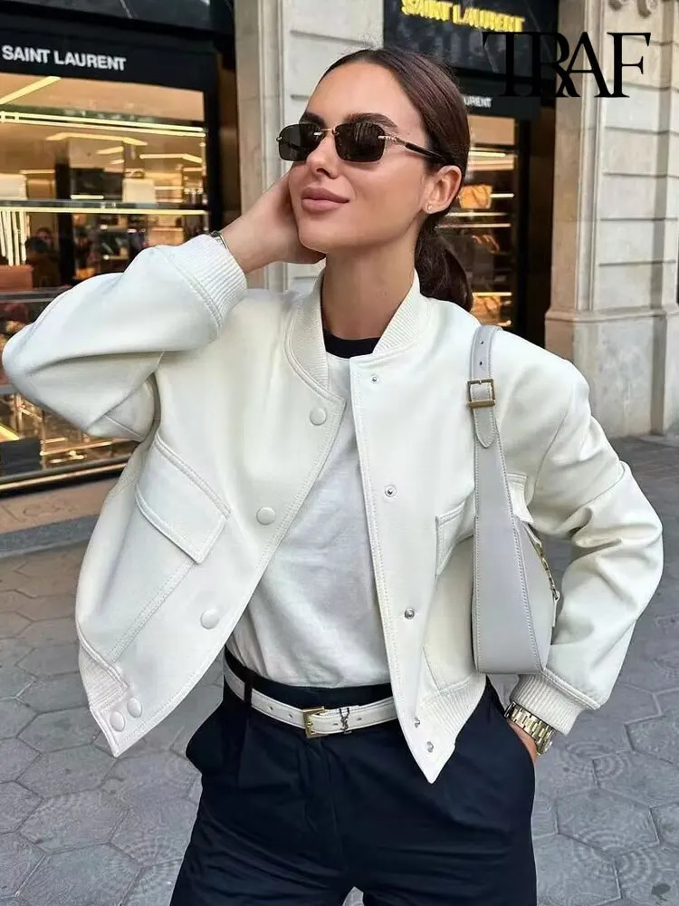 TRAF Women Fashion With Pockets Bomber Jacket Coats Vintage Long Sleeve Front Button Casual Female Outerwear Chic Tops 241011