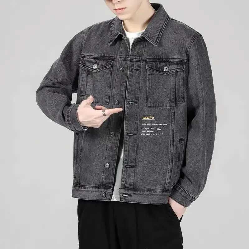 Grey autumn mens denim jacket button blue cargo mens Jean Coats retro winter oversized loose single piece fabric W241011
