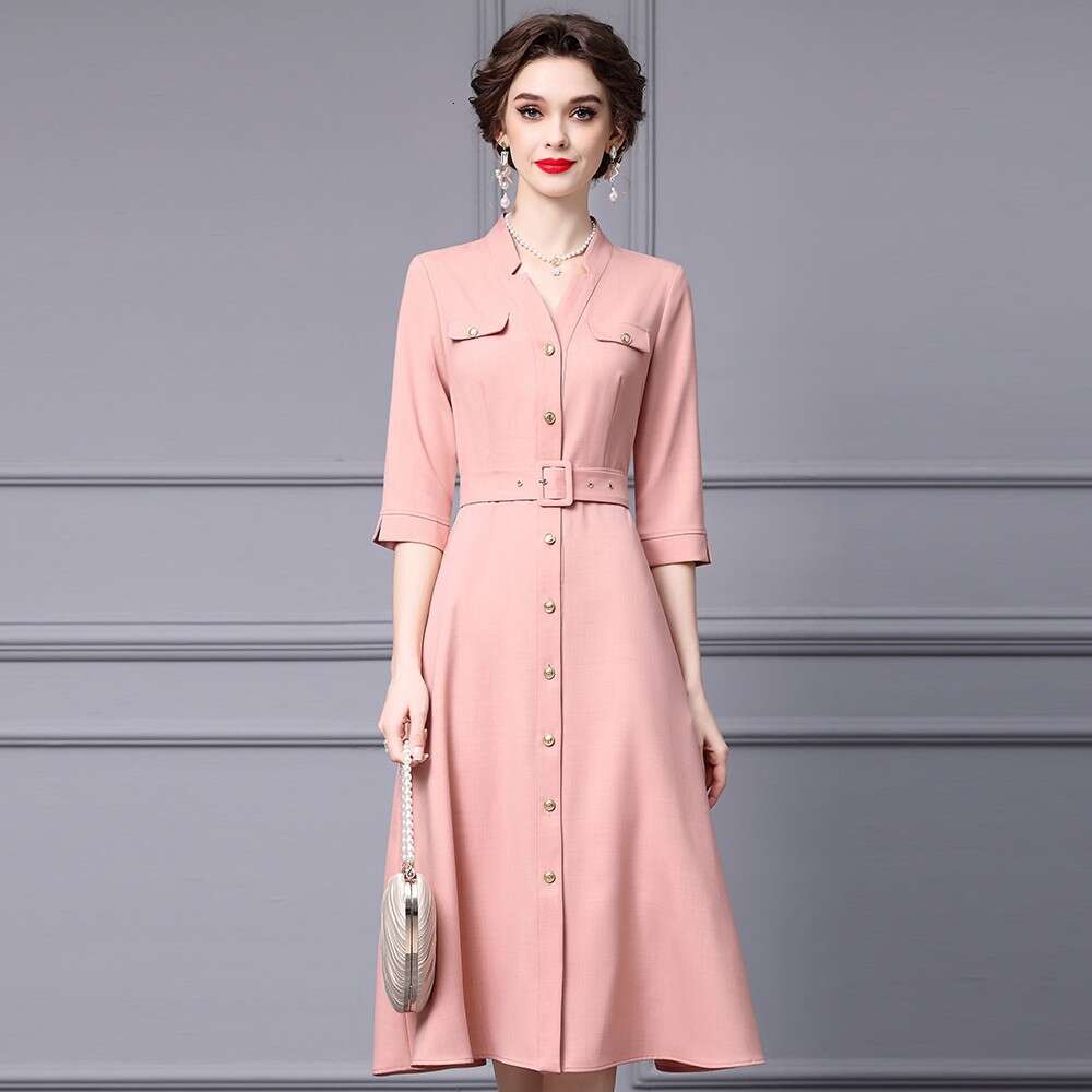 Smart and mature temperament slim waist V-neck single breasted pear shaped figure big swing dress autumn 2024 new product