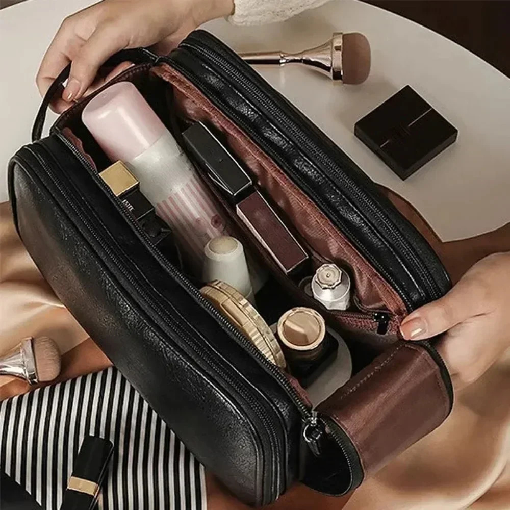 Womens Multi functional Makeup Bag PU Leather Large Capacity Portable Double Zipper Travel Makeup Brush Toilet Storage Bag 241007