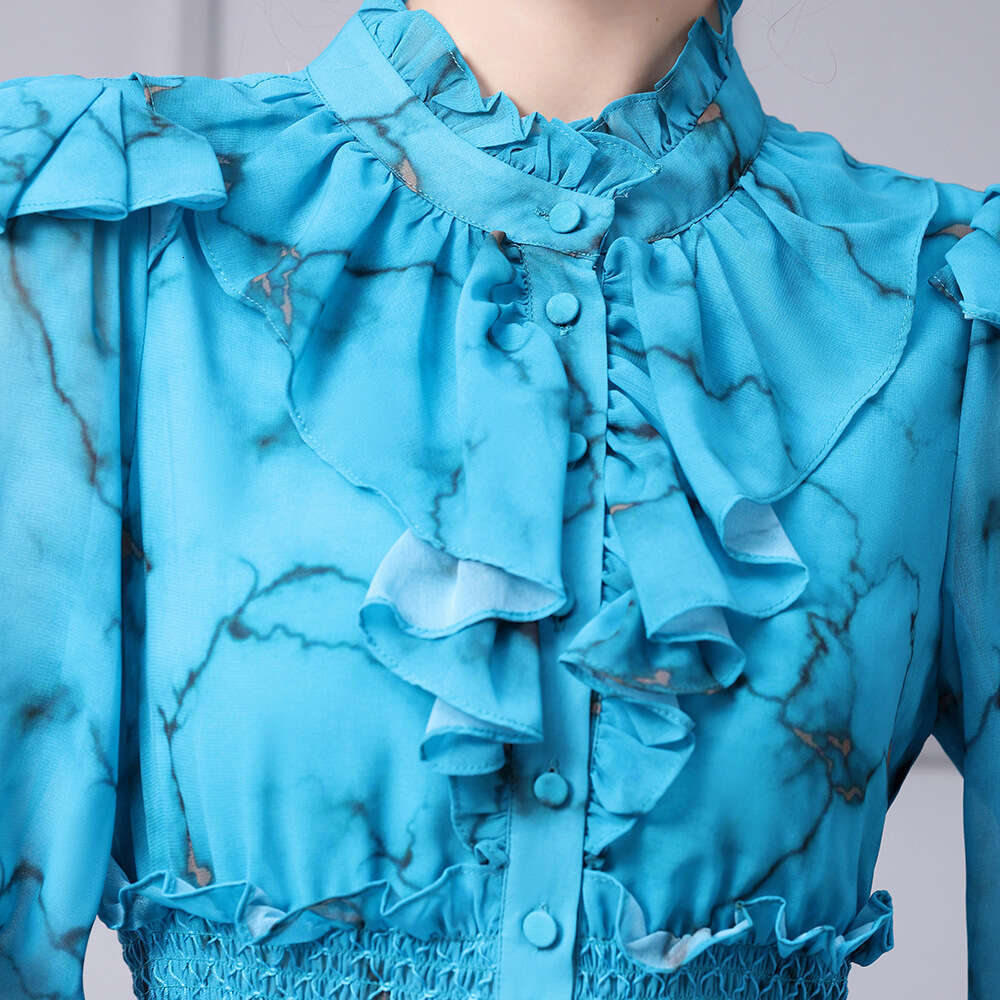 high-end printed dress 2024 new model with mushroom edge pleats high waisted stand up collar sleeved long skirt big swing autumn