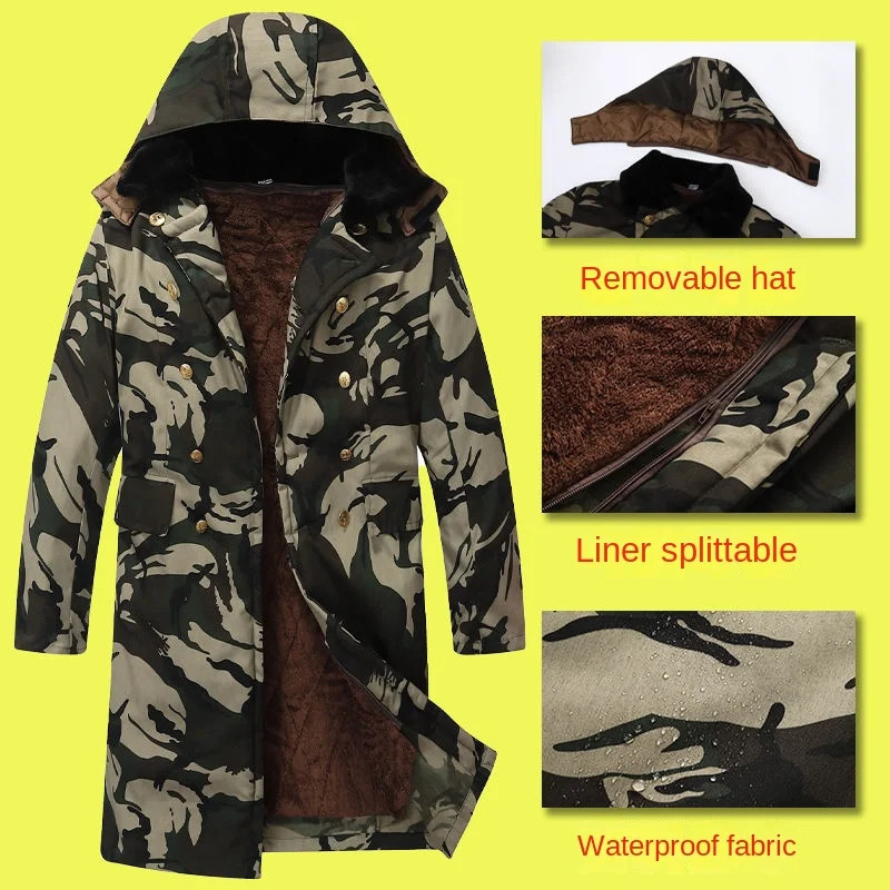 Men Winter Heavy Jacket Padding Long Overcoat Heated Hooded Fleeced Clothing Cold Proof Waterproof Labor Thick Camouflage Parkas 241010