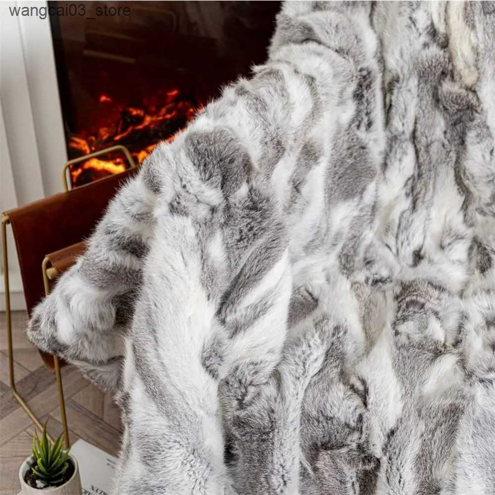 Blankets Swaddling Natural Real Rabbit Fur Throw Blanket Luxury Fluffy Soft Cozy PlushThick Warm Blanket for Couch Sofa and Bed60in x80in(Gray) L24091