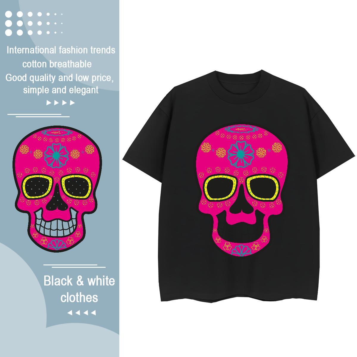 TOP Quality Women T Shirts 100% Cotton 230g Breathable Short Sleeve Outdoor skull Woman Tshirt Unisex White Plus Size Clothes Shirt