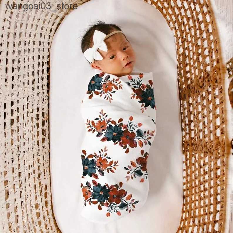 Blankets Swaddling Baby Born Bedding Blankets Flower Print Baby Blanket New Born Muslin Swaddle Girl Hat Headband Infant Receiving Blanket L240910