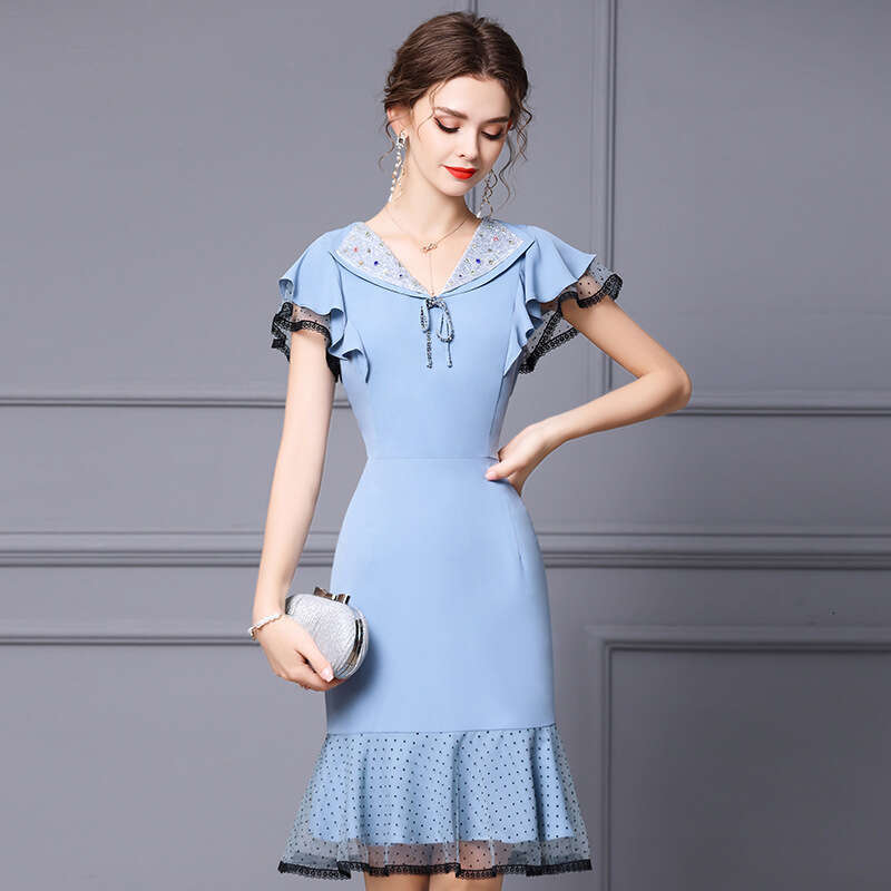 Hepburn dress for womens summer 2024 new style V-neck bow nail diamond lotus leaf short sleeved high waisted fishtail skirt