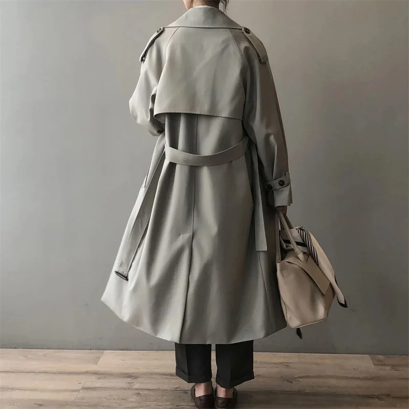 Classic Grey Long Belt Trench Coats Women Korean Double Breasted Gabardina Jackets Streetwear Windbreaker Abrigos Spring Casacos 241008