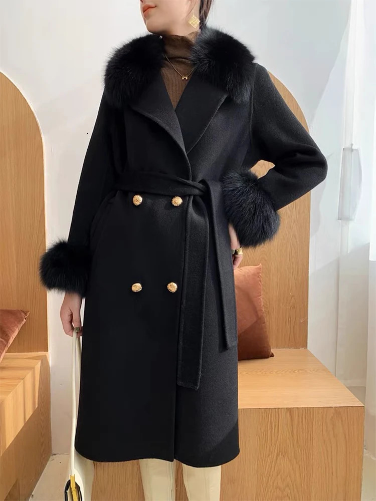 2024 Women Autumn Winter Double Side Woolen Wool Fur Collar and Cuff Decoration Slim Belt Long Coat 240930