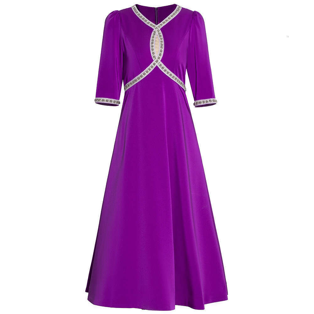 French small black handmade nail bead V-neck high waist light mature style A-line dress 2024 autumn new collection