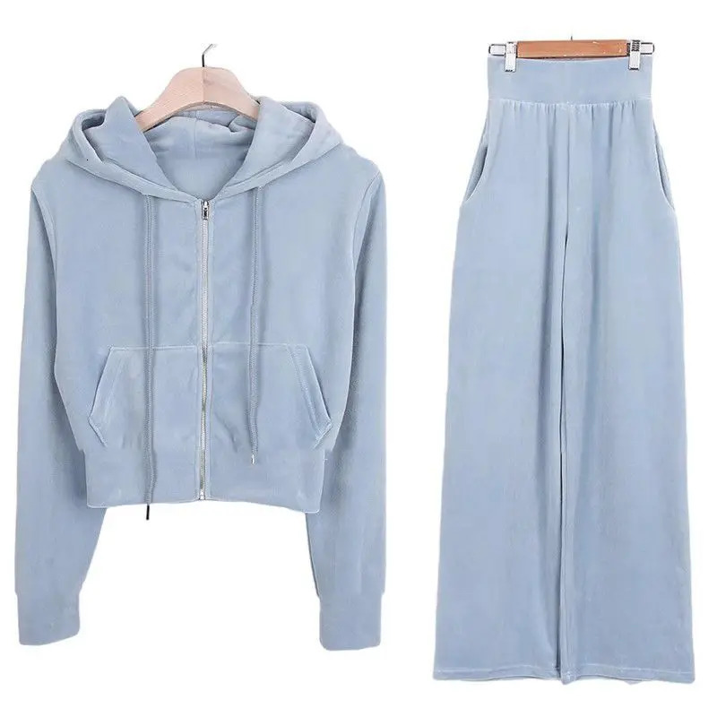 Autumn and Winter Velvet Pure Sports Set Womens Korean Fashion Cutting Hoodie Zipper Casual High Waist Pants Warm 241008