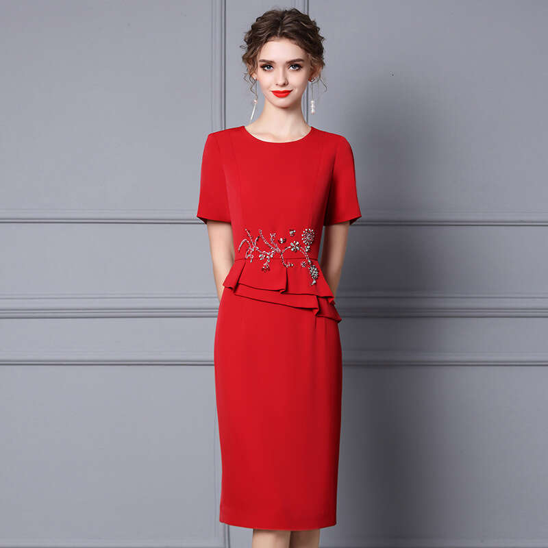 wine red 2024 new summer outfit high-end nail bead fake two-piece short sleeved waist slimming dress