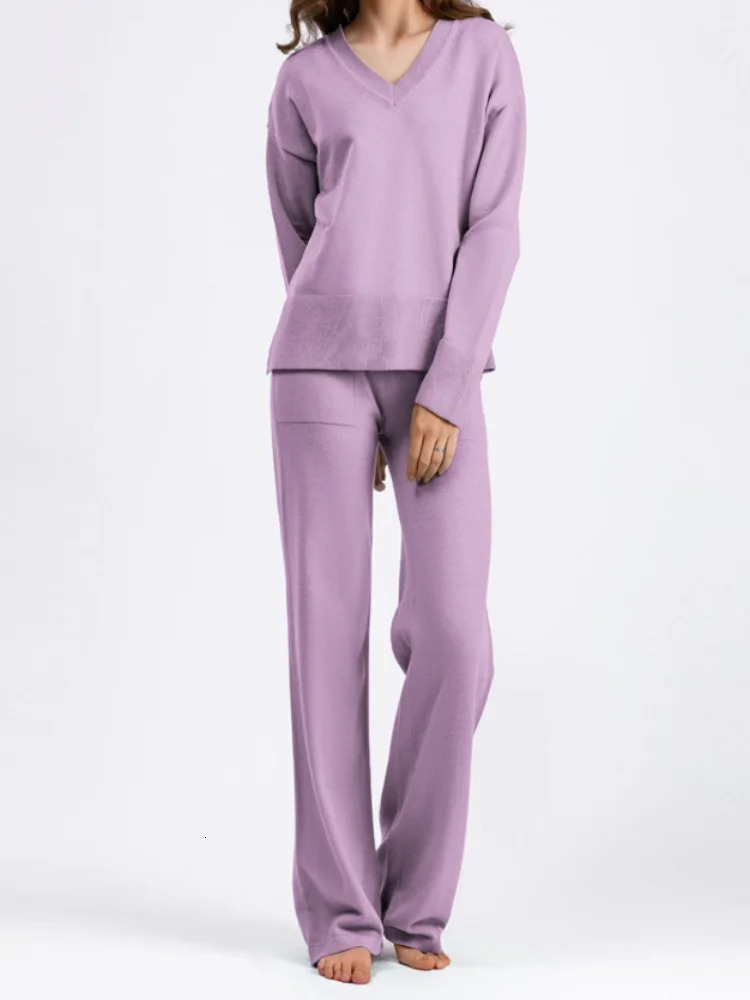 European and American Autumn/Winter Casual Set Womens Solid Loose Pants Set Sweater Zipper Knitted Two Piece Set 241010