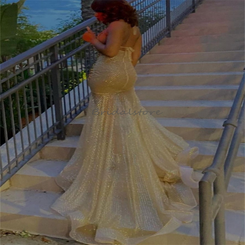 Wonderful Gold Prom Dresses For Black Girls Beaded Mermaid Luxury Evening Dress Halter Sequin Backless Birthday Dress Sparkly Vestidos De Fiestas robe