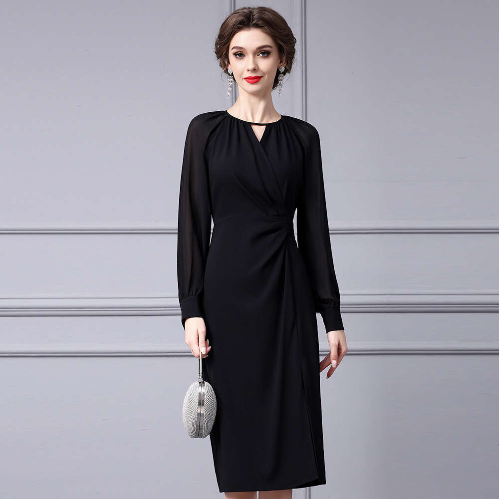 black niche design pleated waist slimming long sleeved chic slit dress 2024 autumn new item