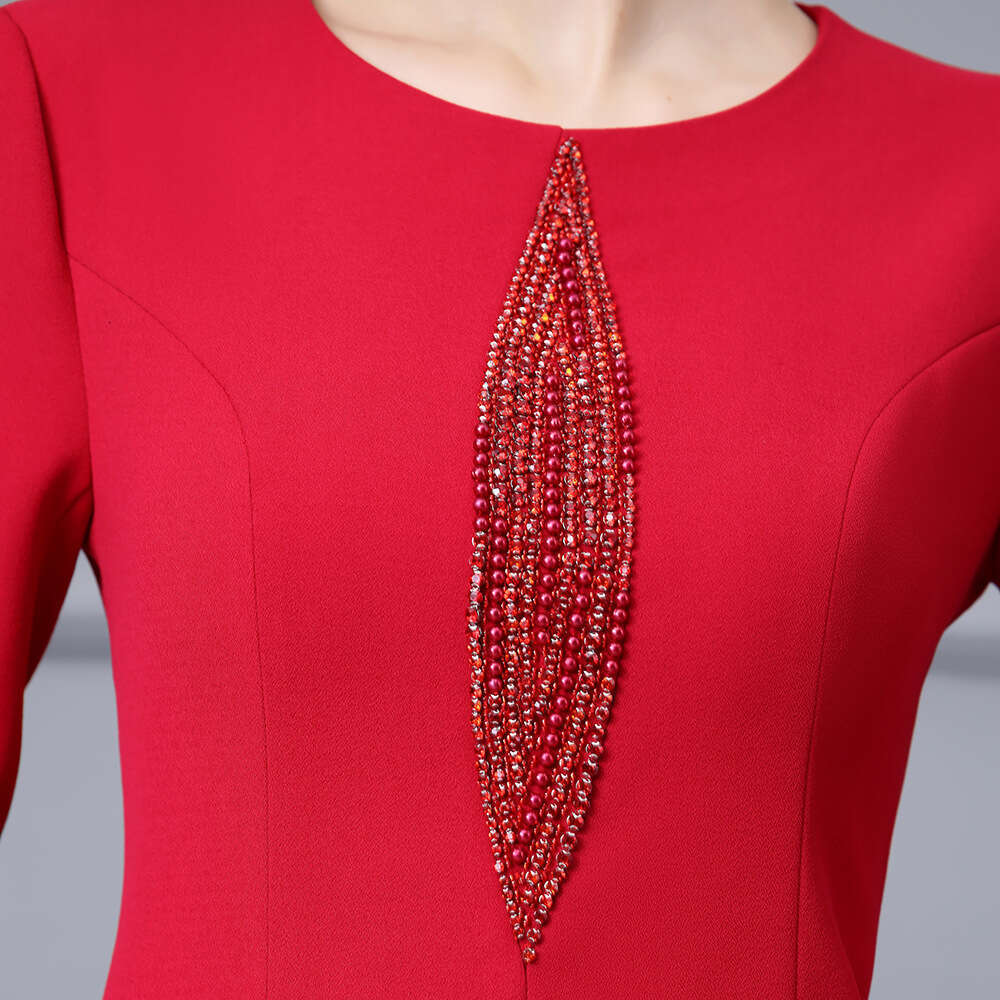 Red Heavy Industry Nail Bead Bag Hip Skirt 2024 Autumn New Style Light Luxury Temperament and Slimming Long Sleeve Dress
