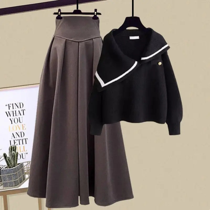 Autumn and winter knitted sweater womens Korean version semi open knitted sweater long half skirt two-piece set 241011
