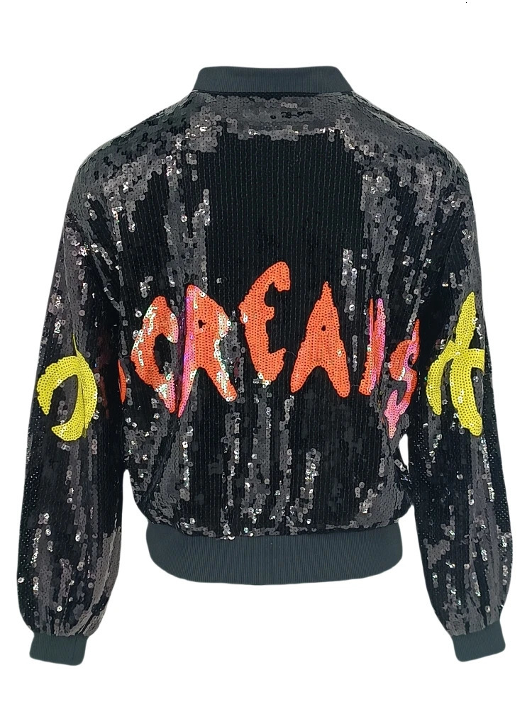 Y2K Streetwear Bling Eye Letter Sequin Women Jacket Hip Hop Juniors Colorful Baseball Bomber Cartoon Outwear 241011