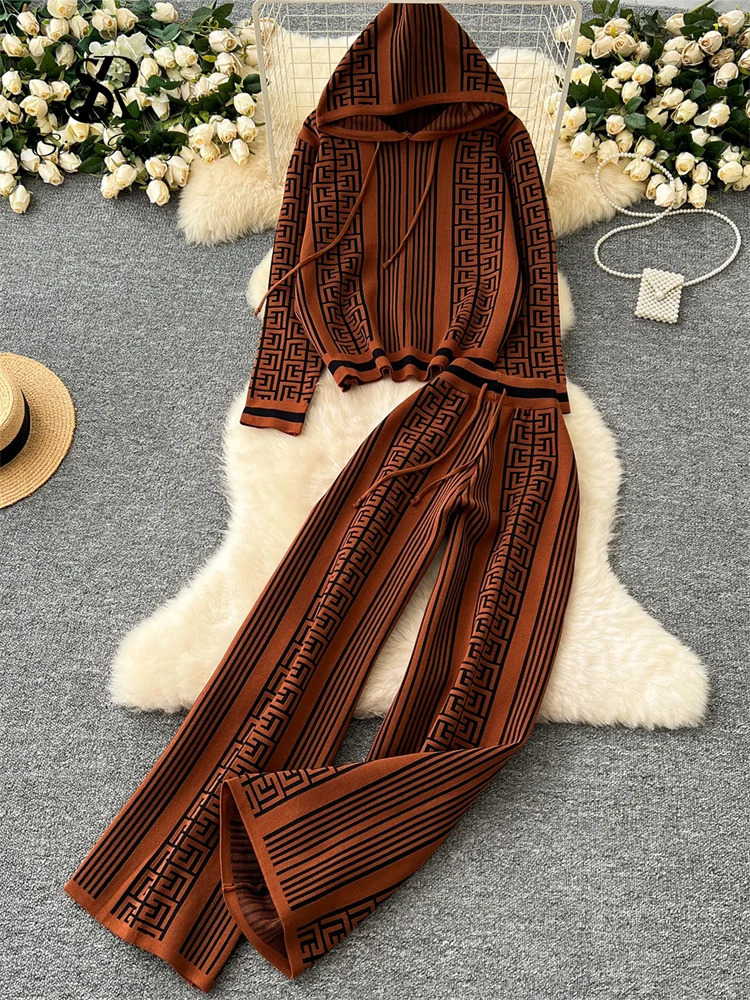 SINGREENY Winter Fashion Knitted Two Piece Womens Hoodie Thick Warm ZipperWide Leg Pants Geometric Printed Sweater Set 241010