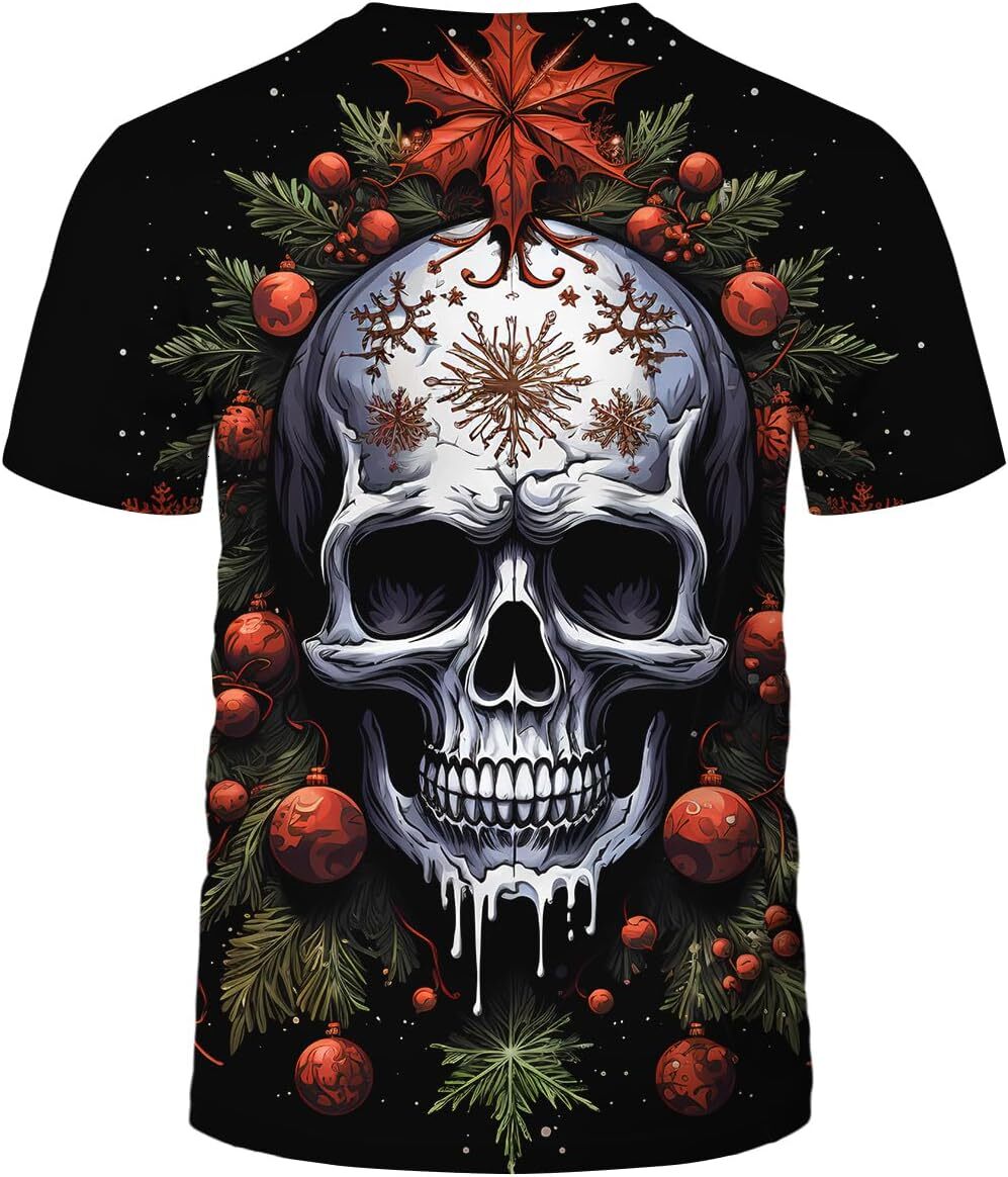 Mens T shirt Vintage Christmas Colorful Pattern Skeleton Cool Graphic T-Shirts Shirt Christmas Tree Skull Tee Top, Small, Red graphic tee Casual tops 