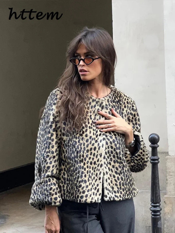 Elegant leopard print womens wool coat loose O-neck long sleeved womens jacket autumn womens retro streetwear 241007