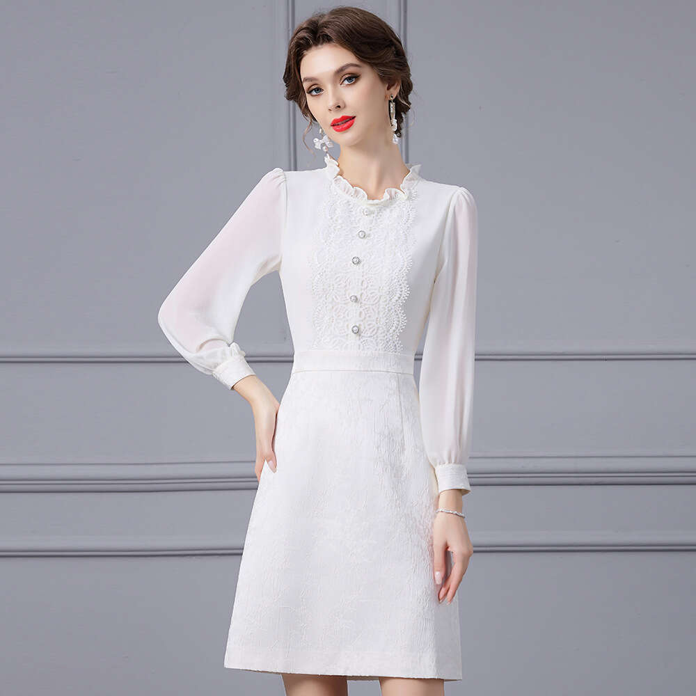 mushroom collar pearl decoration long sleeved slimming elegant noble temperament womens dress 204 new autumn
