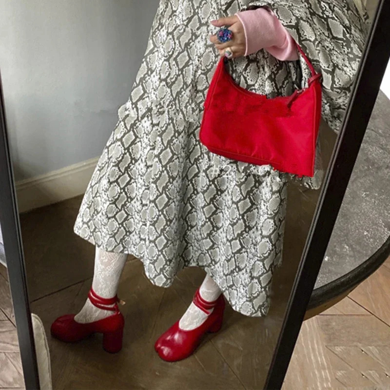 2024 Vintage Spring Fashion Slipt Toe Women Pumps Chunky Round Strap Buckle High Heels Red Leather Shoes Women 241010