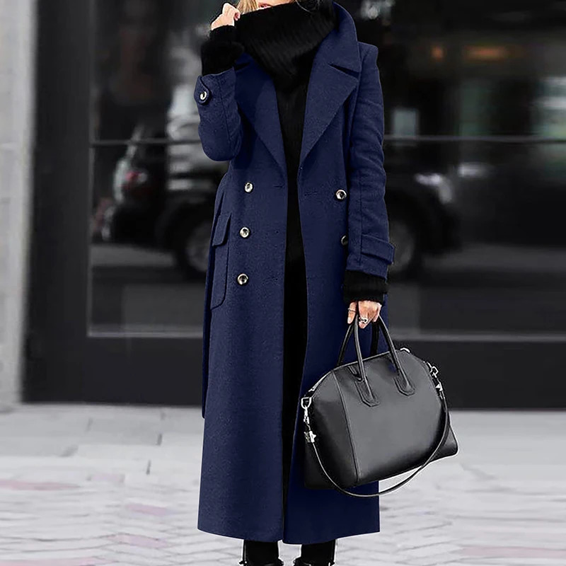 Temperament Lady Pocket Belt Trench Coat Fall Winter Solid Lapel Long Wool Fashion Warm Button Women Overcoat 240930