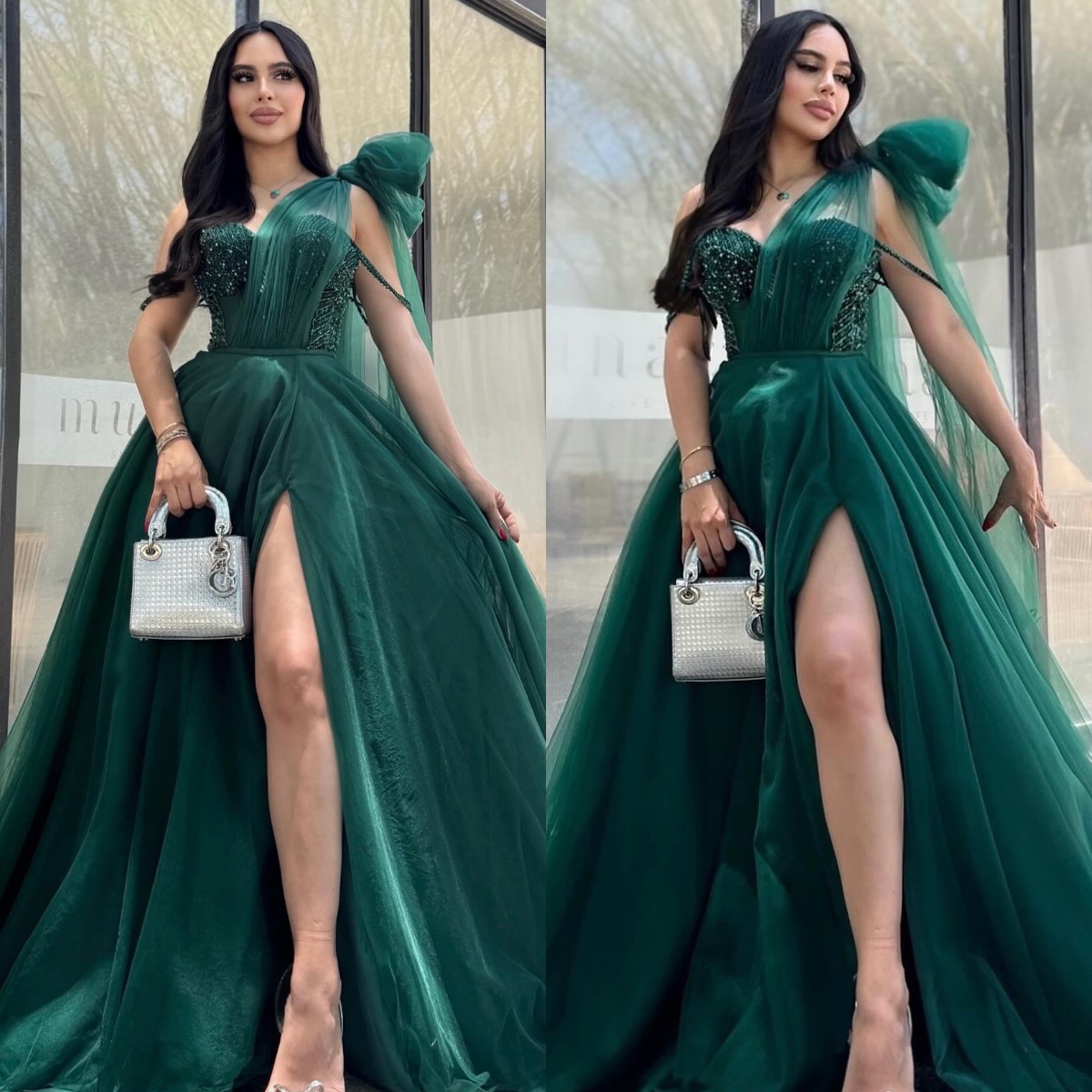 Elegant Hunter Green Prom Dress A E Beading Bodice Evening Dresses Tulle Shoulder Thing Split Backless Beauty Women Formal Gown 6660311