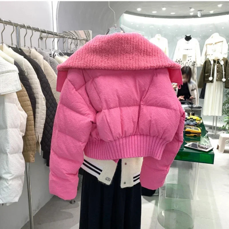 2023 Korean Chic Knit Collar Autumn Winter Coat Women Thickened Puffer Jacket Loose Parka Warm Cottonpadded Short Coats 240930
