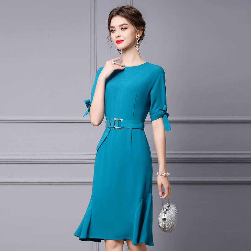 solid color dress pear shaped figure 2024 summer new bow short sleeved waist slimming fishtail skirt