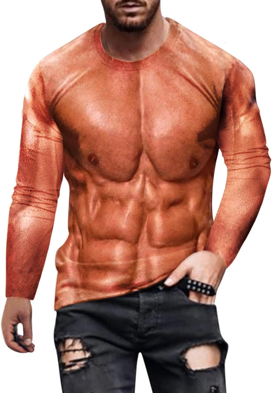 Long Sleeve Shirts for Men sweatshirt Men's 3D Print Fake Muscles Shirts Long Sleeve Crew Neck Workout Funny Novelty Graphic Pattern Pullover coo