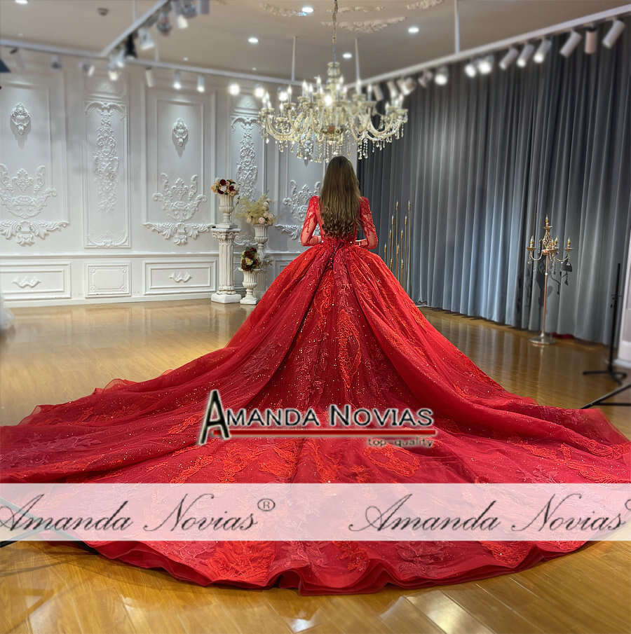 Amanda Novias Red Lace Beads Long Train Wedding Dress