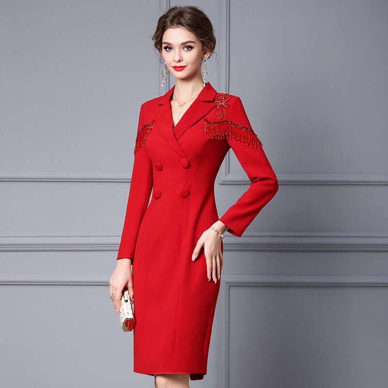 Red Dress Autumn 2024 New Style Suit Collar Handmade Nail Bead Formal Occasion Long Sleeve Hip Wrapping Skirt
