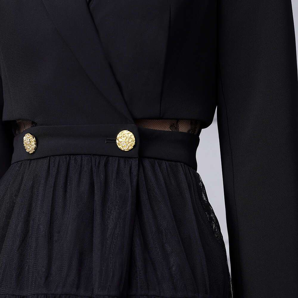 Mesh Splicing Suit Skirt 2024 New Black High Grade Waist Dress with Large Swing Elegant Goddess Style