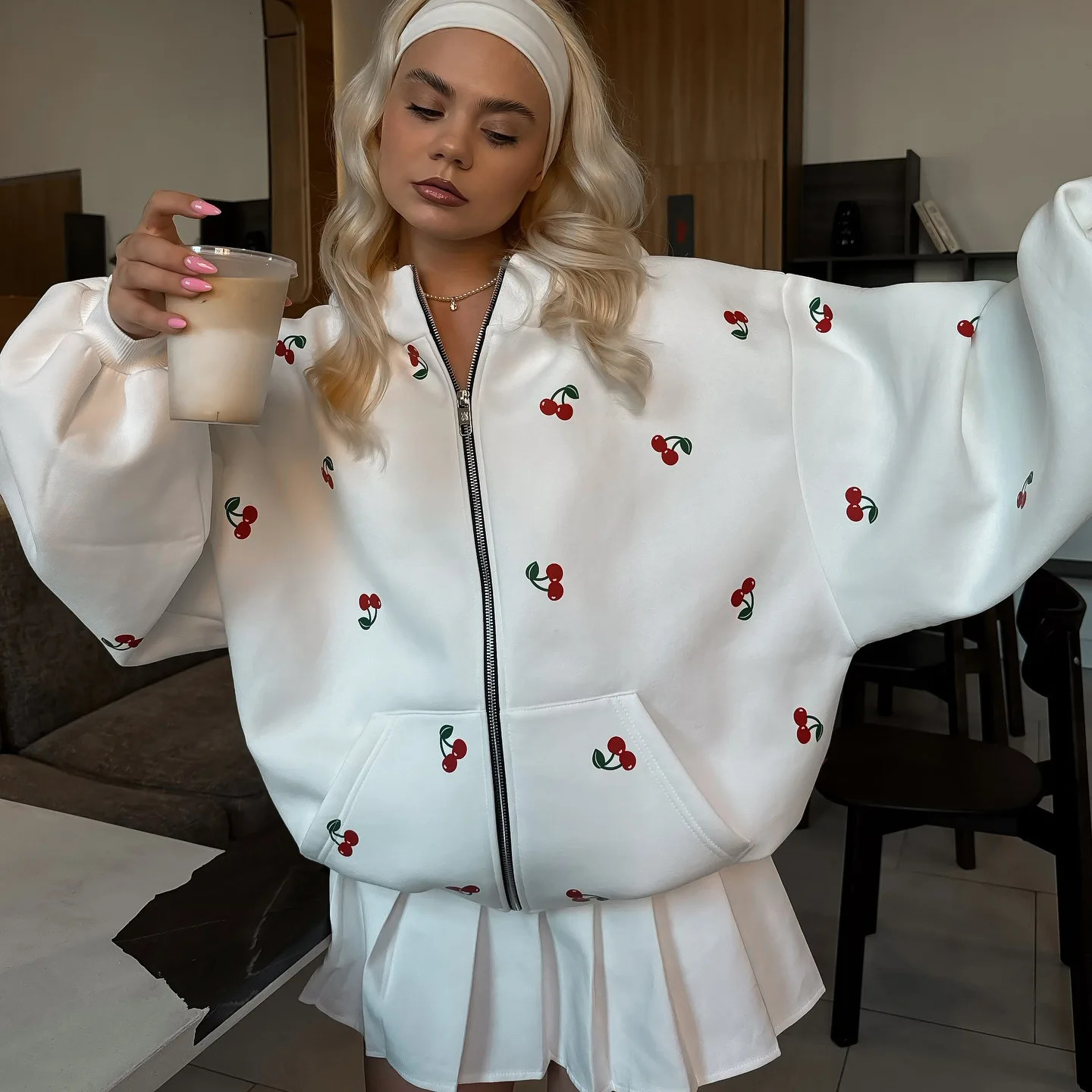 Cherry Print Hoodie Zipper Sweater Jacket Autumn Street Fashion Trend Casual Womens 241007