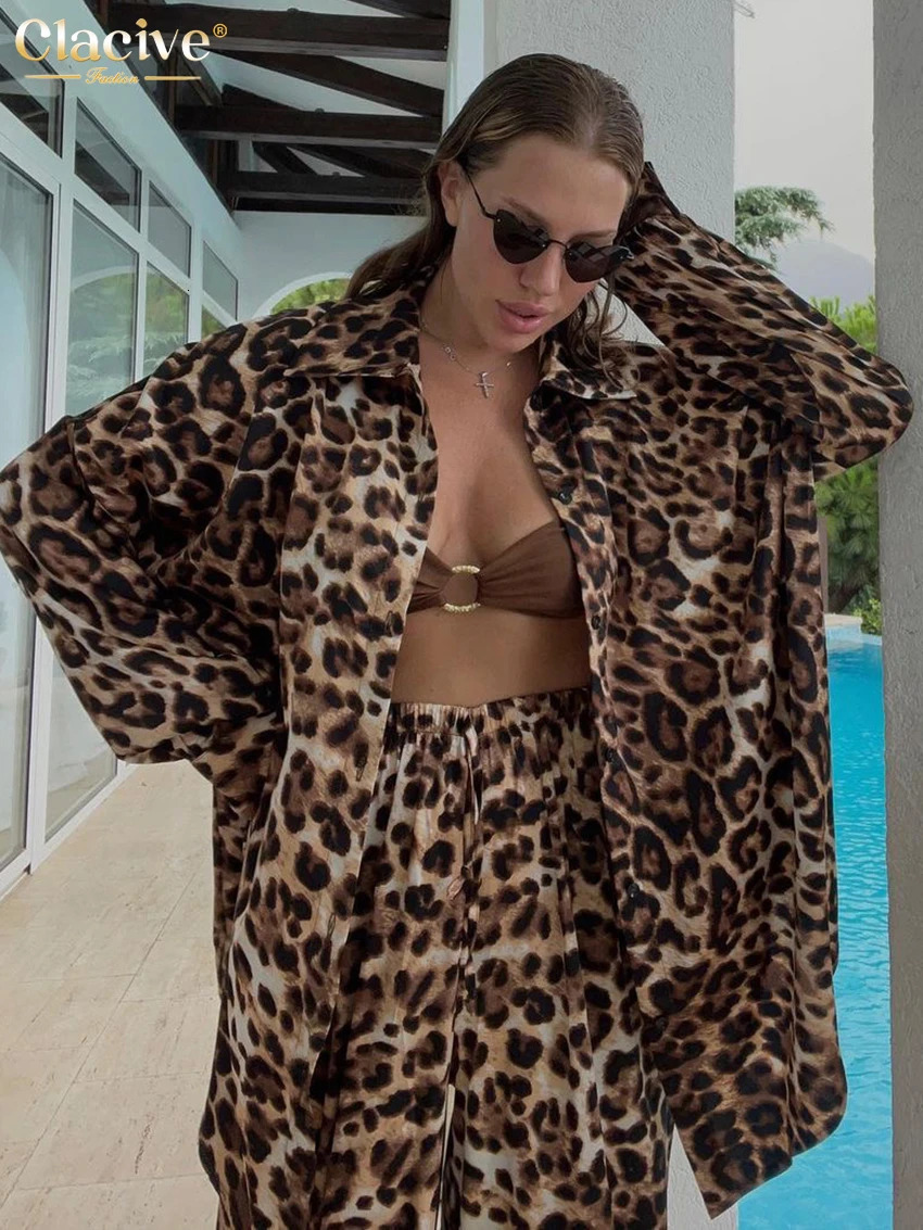 Clacive Fashion loose print womens two-piece dress elegant lapel long sleeved shirt high waisted pants set womens clothing 241010