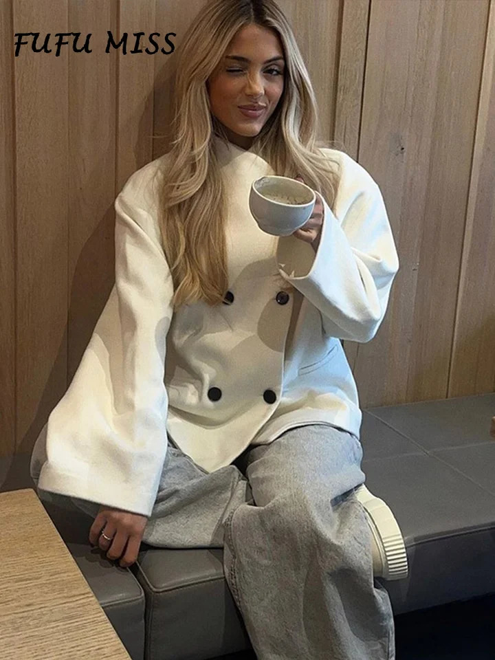 Casual Loose Woolen Womens Coat Solid Stand Collar Long Sleeve Double Breasted Pockets Jacket 2024 Autumn Lady Urban Outerwear 240930