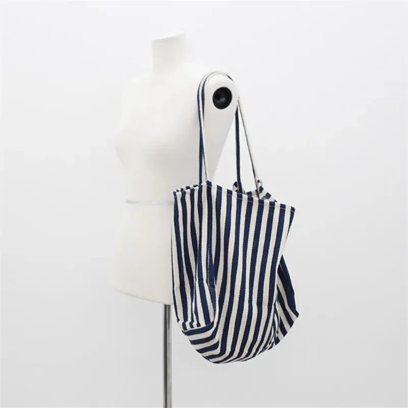 Korean version simple small striped canvas bag casual large capacity shoulder bag 241008