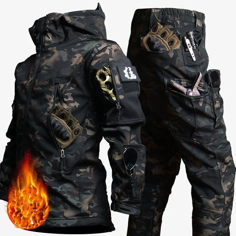 Tactical Winter Set Mens Outdoor Windproof and Waterproof Multi Pocket Soft Shell Hooded Jacket Shark Work Pants 241008