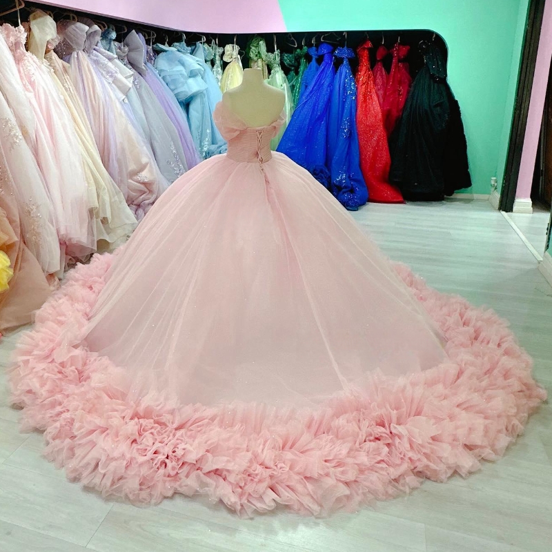 Pink Princess Quinceanera Dresses Ball Gown Tiered Tull Off Shoulder Party Birthday Sweet 16 Dress Vestido 15 De Anos