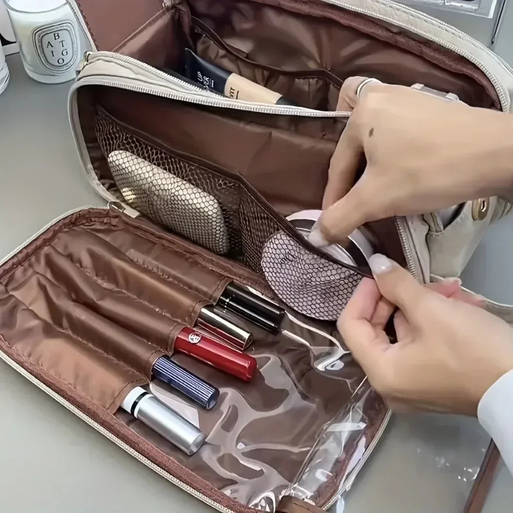 Womens Multi functional Makeup Bag PU Leather Large Capacity Portable Double Zipper Travel Makeup Brush Toilet Storage Bag 241007